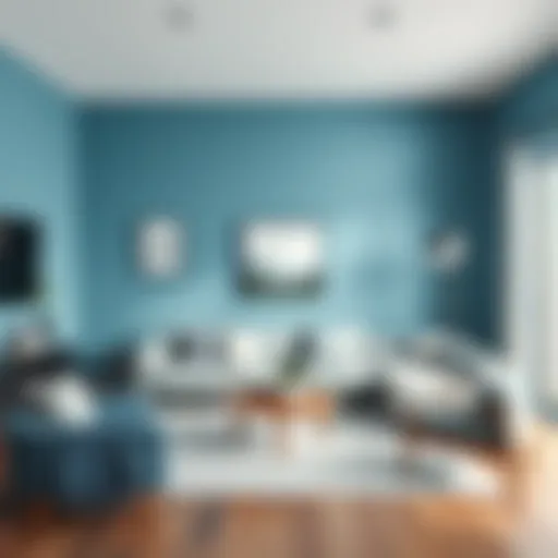 A modern living room painted in calming blue tones that enhance relaxation.