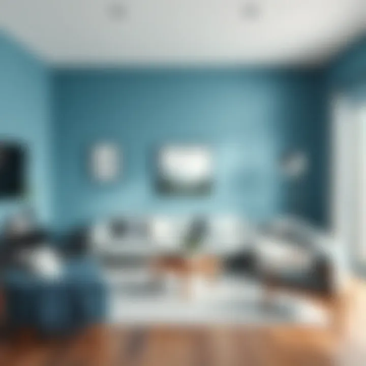 A modern living room painted in calming blue tones that enhance relaxation.