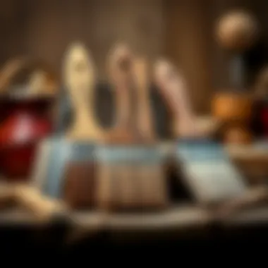 An array of brushes and tools essential for wood painting.