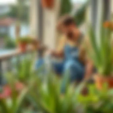 Watering Aloe Vera in a Balcony Garden A gardener watering aloe vera in a balcony garden