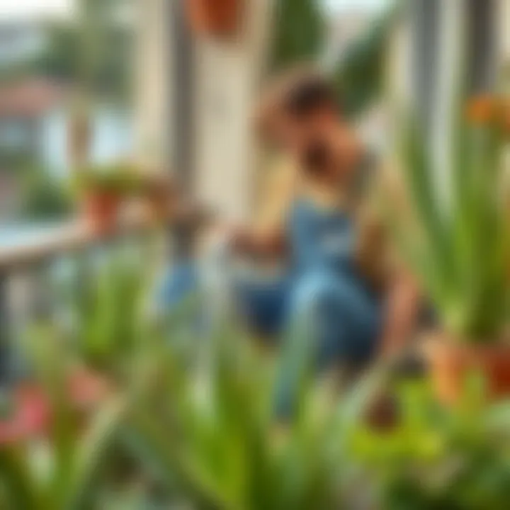Watering Aloe Vera in a Balcony Garden A gardener watering aloe vera in a balcony garden