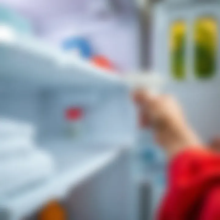 A user applying a cleaning solution to a refrigerator shelf.