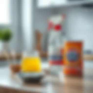 Natural cleaning ingredients like vinegar and baking soda on a kitchen counter.