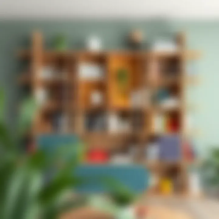 Creative bookshelf arrangement with unique shapes and colors