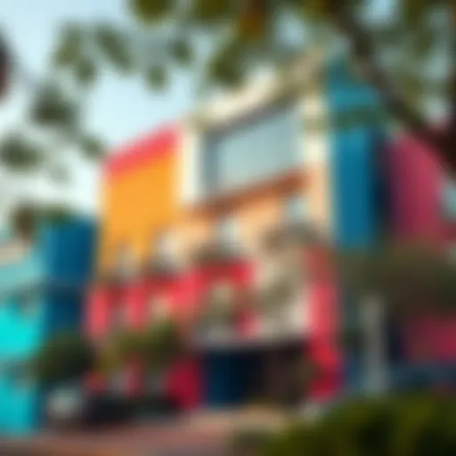 A modern building facade showcasing a vibrant color palette that integrates with its environment