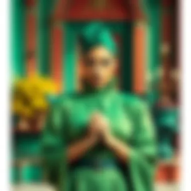 Fashion ensemble with emerald green accents against vibrant colors.