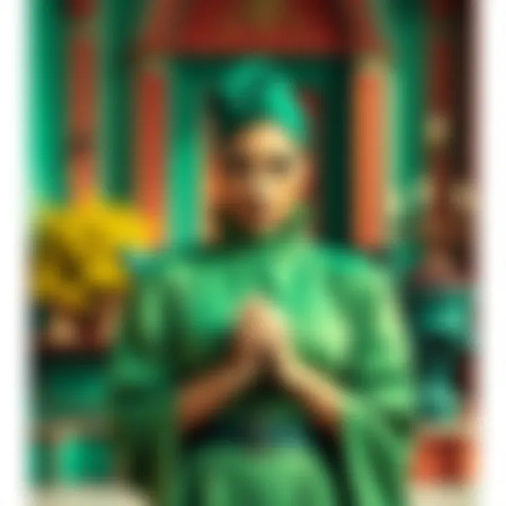 Fashion ensemble with emerald green accents against vibrant colors.