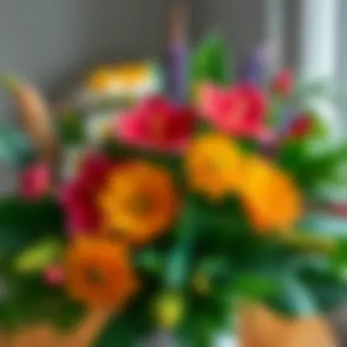 Floral arrangement featuring emerald green leaves with colorful blooms.