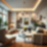 A cozy living room with a modern aesthetic featuring soft furnishings.