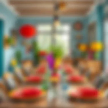 Vibrant Dining Area with Colorful Decor A vibrant dining area filled with colorful decor and unique table settings.