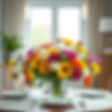 A beautifully arranged table centerpiece featuring colorful indoor flowers