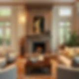An elegant living room featuring a cozy fireplace adorned with decorative elements