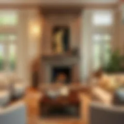 An elegant living room featuring a cozy fireplace adorned with decorative elements