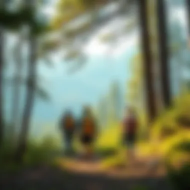 A group of adventurers hiking through a dense forest trail