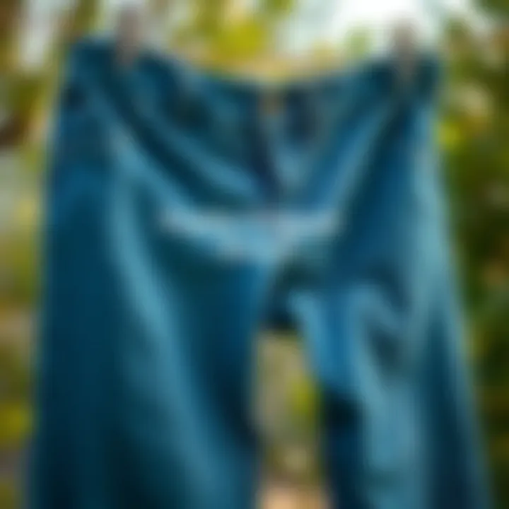 Freshly laundered jeans hanging to dry