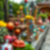 Colorful garden ornaments displayed creatively