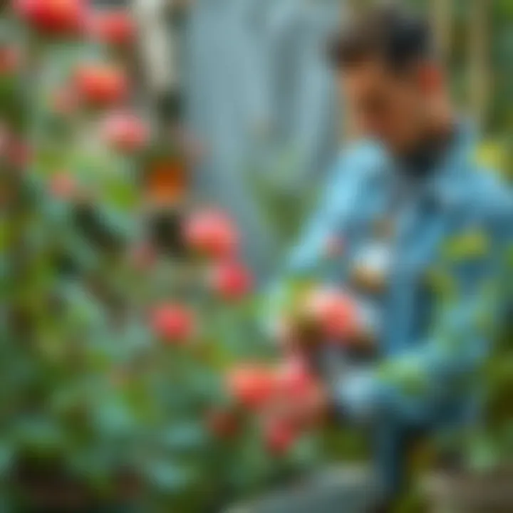 Inspecting Healthy Roses A gardener inspecting a healthy rose plant in a pot