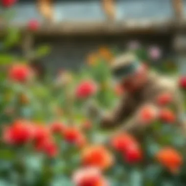 A gardener tending to rose plants with care