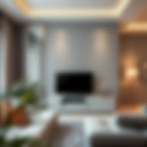 Stylish gray mirrored TV unit in a modern living room setting.