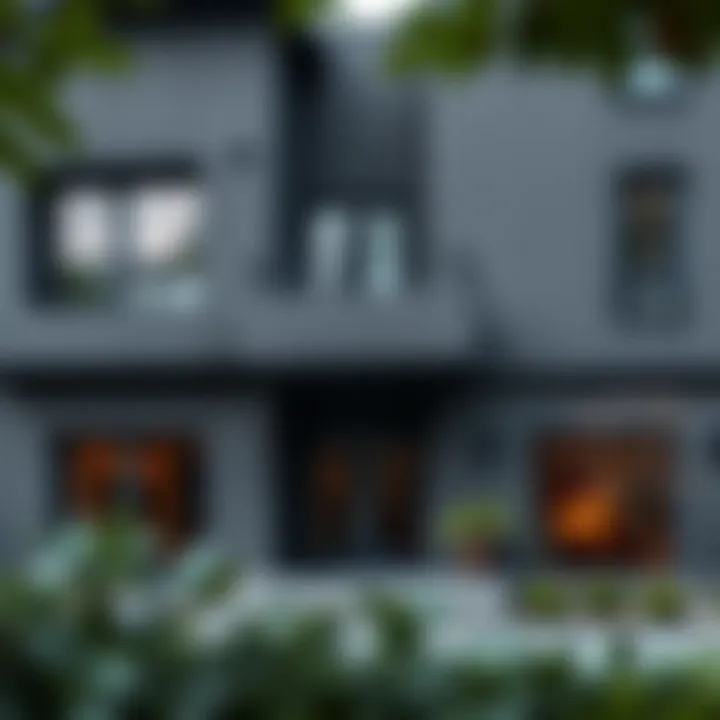 An outdoor facade painted in a dark gray tone with modern architecture