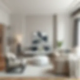 A sophisticated living room featuring a light gray wall color