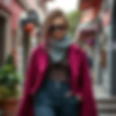 A vibrant fashion ensemble incorporating grey and fuchsia colors.