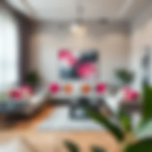 Sophisticated Living Room with Grey and Fuchsia Accents A sophisticated living room decor featuring grey and fuchsia accents.