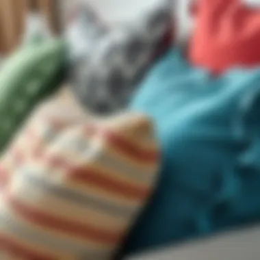 Close-up view of textures and colors on gray couch cushions