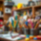 Colorful art supplies arranged creatively