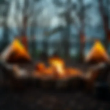 A cozy campsite with a well-maintained fire pit and seating