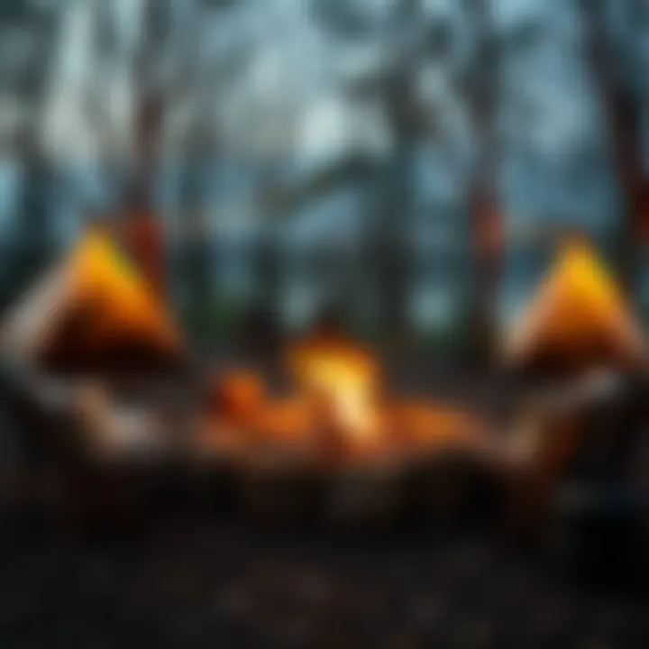 A cozy campsite with a well-maintained fire pit and seating