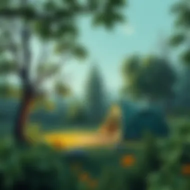 A serene camping site surrounded by lush greenery