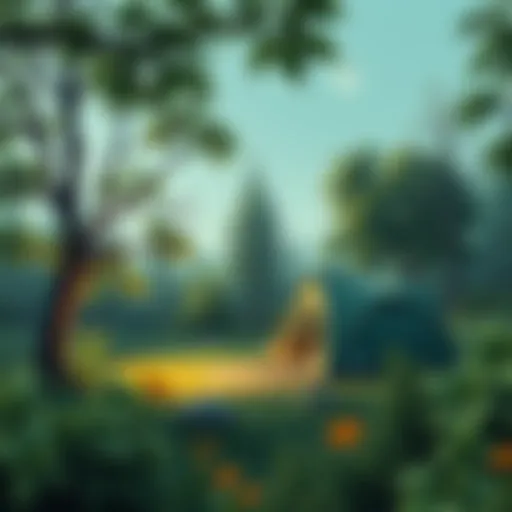 A serene camping site surrounded by lush greenery