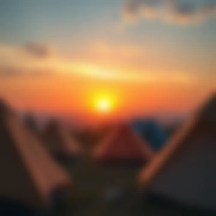 A picturesque view of tents set against a beautiful sunset