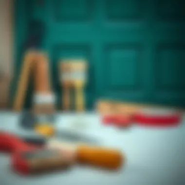 Tools organized for painting a door including brushes and tape