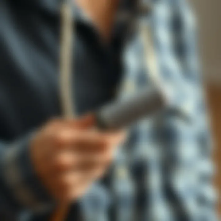 A lint roller being used on clothing to remove cat hair