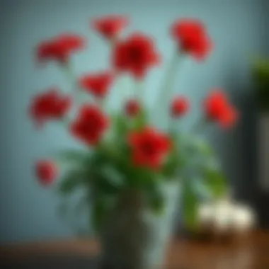 Decorative arrangement featuring red top flowers