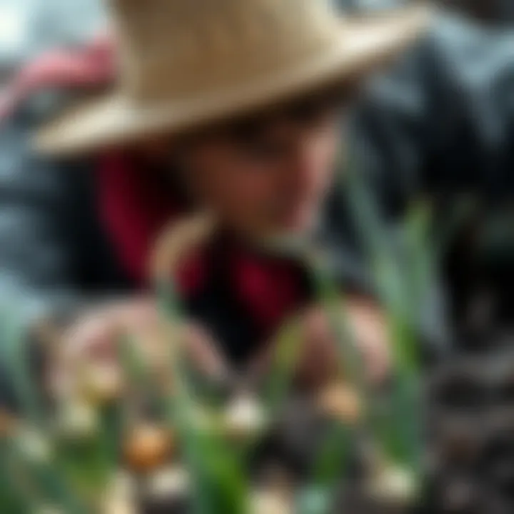 A farmer examining soil conditions for winter onion cultivation