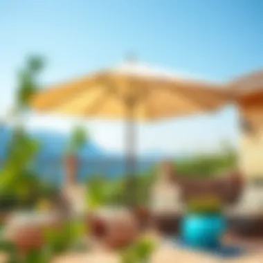 An outdoor setting featuring a Koçtaş garden umbrella providing shade and comfort.