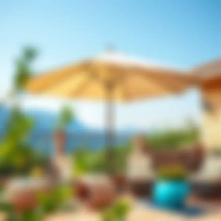 An outdoor setting featuring a Koçtaş garden umbrella providing shade and comfort.