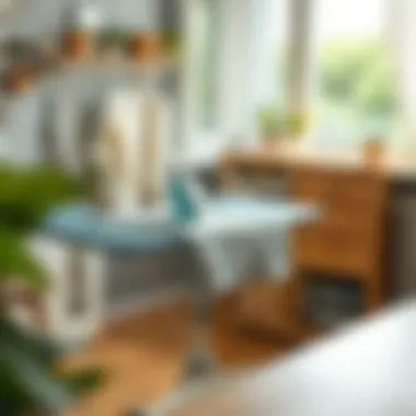 An ironing board set up with an iron and a shirt ready to be ironed