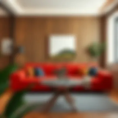 Bold Red Sofa in Chic Dining Area Chic dining area with a bold red sofa complementing wooden elements