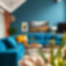 Elegant living room with rich blue sofa and warm decor