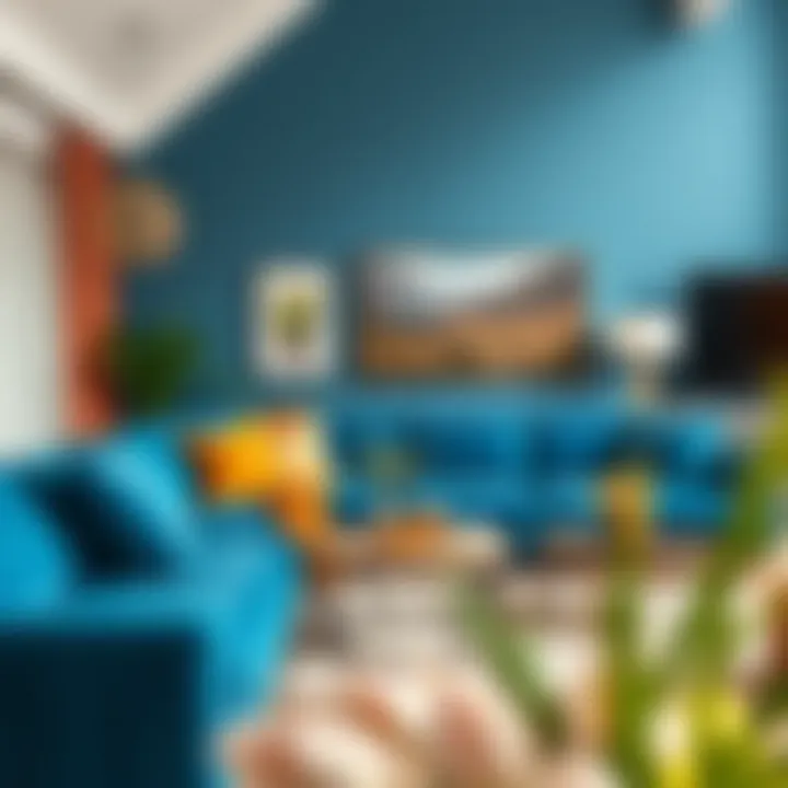 Elegant Blue Sofa in Stylish Living Room Elegant living room with rich blue sofa and warm decor