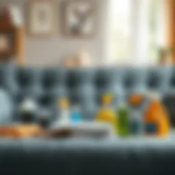A pristine couch with various cleaning supplies arranged around it