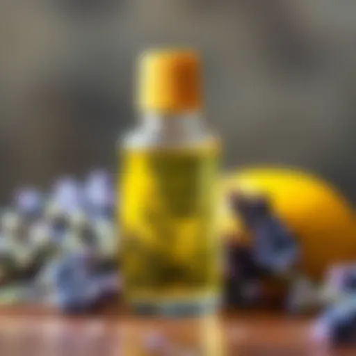 A vibrant lemon and lavender oil blend in a glass bottle