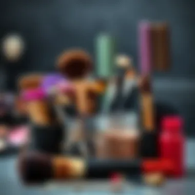 An artistic arrangement of makeup brushes and tools ready for use.