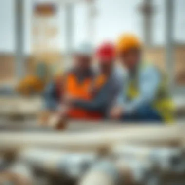 Construction workers analyzing the raft foundation design