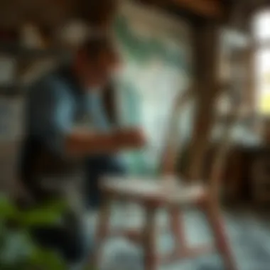 An artist applying antique paint techniques to a vintage chair.