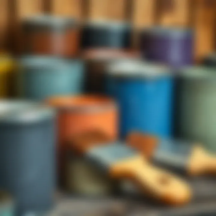 A collection of paint cans and brushes used for furniture aging techniques.